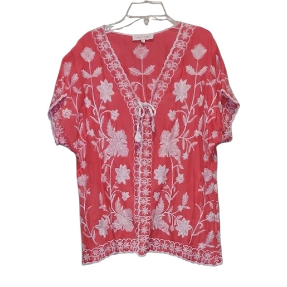 Solitaire Tops - Solitaire Coral and White Floral Embroidered Top Medium